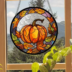 Detailed view of an acrylic stained glass hanging suncatcher featuring autumn pumpkin.