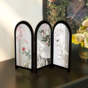 Mini tabletop arched folding screen mirror with elegant Chinese floral art decor for room accent.