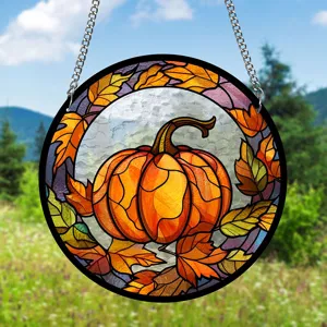 Acrylic stained glass pumpkin suncatcher wall hanging for autumn home decor and window.