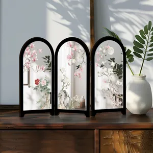 Exquisite Chinese style tabletop mini folding mirror screen with elegant floral bird artwork.