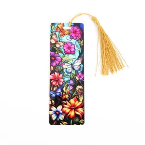 Creative acrylic stained-glass style bookmark with colorful butterflies, flowers and gold tassel.