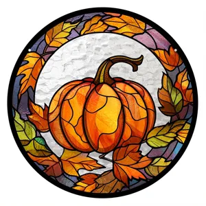 Acrylic stained glass pumpkin suncatcher detail, vibrant autumn leaves hanging decor piece.