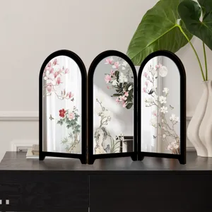 Tabletop Chinese style mini mirror folding screen decoration with exquisite floral art details.