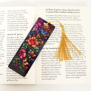 Stained glass style bookmark with butterfly floral design and gold tassel detail 1pc