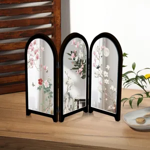 Desktop miniature folding mirror screen with Chinese floral art and French vintage style.
