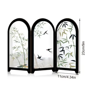 Desktop mini folding mirror screen with Chinese bamboo and swallow pattern, 23x11cm decor item.