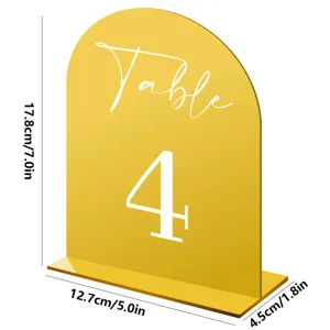 Gold acrylic arch table number sign with stand, modern wedding table decor, 17.8x12.7cm