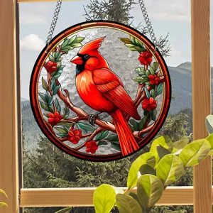 Acrylic stained glass red cardinal suncatcher wall hanging window decor for home.