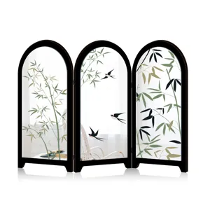 Chinese style mini folding screen desktop decoration 3-panel bamboo bird room divider ornament