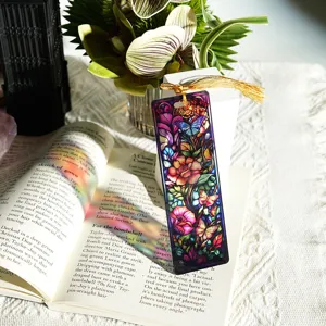 Acrylic Stained Glass Bookmark Colorful Butterfly Flower Tassel Page Marker Reading Gift