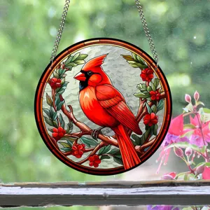 Stained glass red cardinal suncatcher detail, acrylic window hanging home decor ornament.