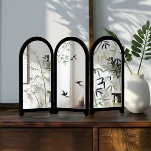 Close-up detail of the mini desktop folding screen showing the delicate bamboo and swallow pattern.