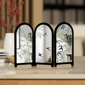 Mini desktop wooden mirror screen decoration with elegant bamboo and swallow patterns for home.