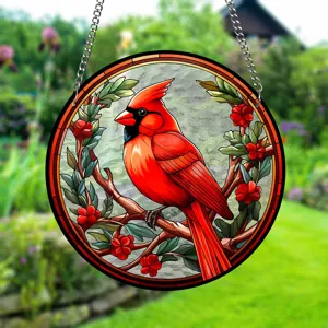 Acrylic stained glass red cardinal bird suncatcher hanging window decor with metal chain.