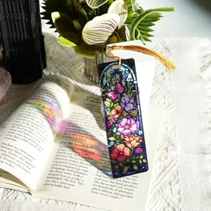 Stained glass butterfly floral acrylic bookmark detail view with elegant gold tassel.