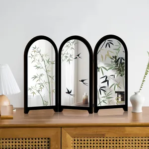 Mini desktop arched mirror screen ornament with bamboo and swallow motifs for home decor.