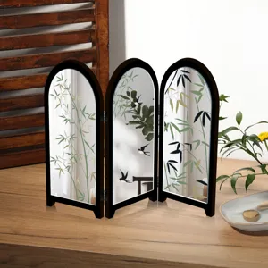 Chinese style mini folding screen mirror desk decor with bamboo swallow pattern detail.