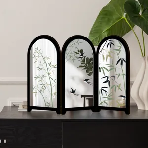 Mini tabletop folding screen decorative mirror with Chinese bamboo and swallow style design.