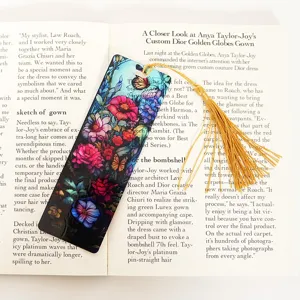Translucent stained glass floral acrylic bookmark with elegant gold tassel for readers.