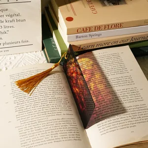 Detailed view of a clear acrylic bookmark with dragon design and gold tassel in a vintage book.