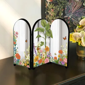 Exquisite mini tabletop folding screen mirror featuring floral butterfly art and black frame.