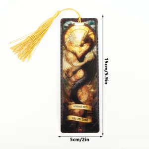 Acrylic dragon bookmark with gold tassel, translucent stained glass fantasy design for reading.