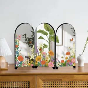 Desktop mini folding screen French botanical floral butterfly decorative tabletop mirror