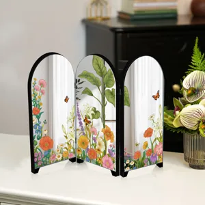 Miniature tabletop folding mirror screen with elegant floral botanical illustrations and arch design.
