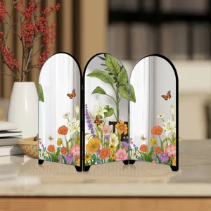 Mini desktop folding mirror screen decorative ornament with floral and butterfly pattern for home decor
