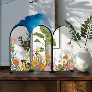 Mini tabletop 3-panel arched folding screen with botanical floral art for home decor.