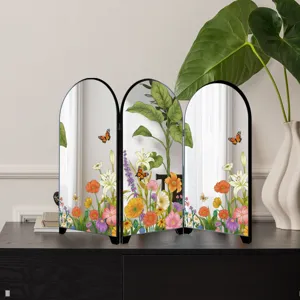 Desktop mini arched 3-panel mirror folding screen with exquisite botanical floral and butterfly art.