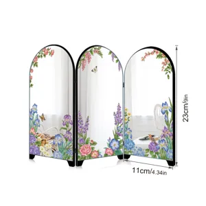 Detailed view of the mini 3-panel folding screen mirror with elegant floral artwork and arch design.