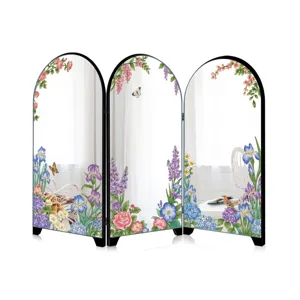 Decorative tabletop mirror screen with floral print, French style folding makeup mirror.