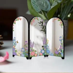 Desktop mini 3-panel folding mirror screen French floral decorative ornament for home decor