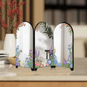 Mini desktop folding screen mirror with french botanical floral print for home decor.