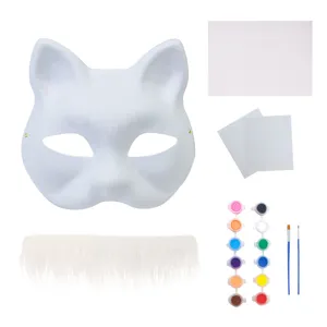 Kinderen DIY witte pulp kattenmasker schilderij knutselset met verf en penselen.