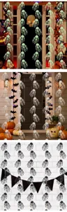 Halloween skeleton hand hanging garland detail, spooky party door curtain and ghost house decor.