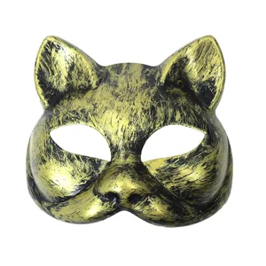 Vintage gold and black half face cat mask for cosplay party, punk style masquerade prop.