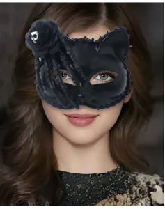 Halloween black cat half face mask with skeleton hand rose skull costume party prop