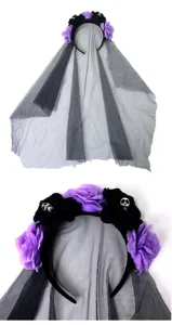 Halloween gothic black purple rose flower headband with veil skull party hair accessory item