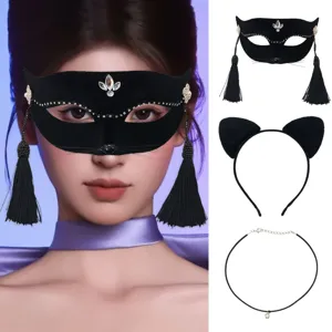 Halloween Sexy Cat Face Mask Set Rhinestone Tassel Chain Half Face Mask With Cat Ear Headband Bell Choker Party Mask Accessory