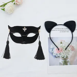 Halloween sexy black cat mask with rhinestones tassels and matching cat ear headband set