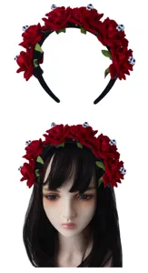 Gothic Halloween skull red rose headband, wide hair hoop for party cosplay costume accessories