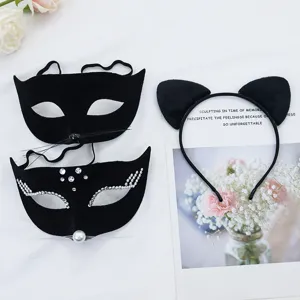 Black cat mask and fluffy ear headband set with rhinestones for Halloween party.