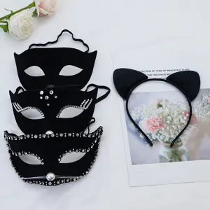 Halloween sexy rhinestone cat mask and cat ear headband set for party and costume events.