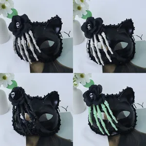 Halloween Half Face Cat Mask With Black Rose Skull Plastic Costume Mask Skeleton Hand Decoration For Masquerade Cosplay Party