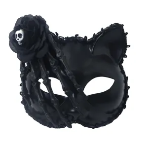 Halloween black cat half face mask with skull hand and rose, spooky party cosplay props for women.