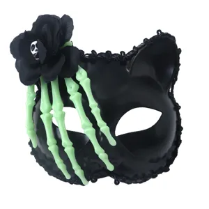 Halloween black cat half face mask with glowing skeleton hand and rose flower for party cosplay