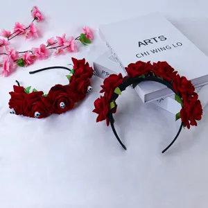 Gothic Halloween red rose flower headband with skull decorations for party cosplay dress up.
