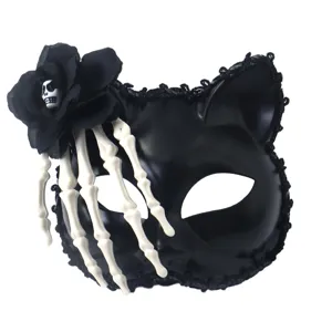 Halloween half face cat mask with skull hand and black flower for party cosplay costume.